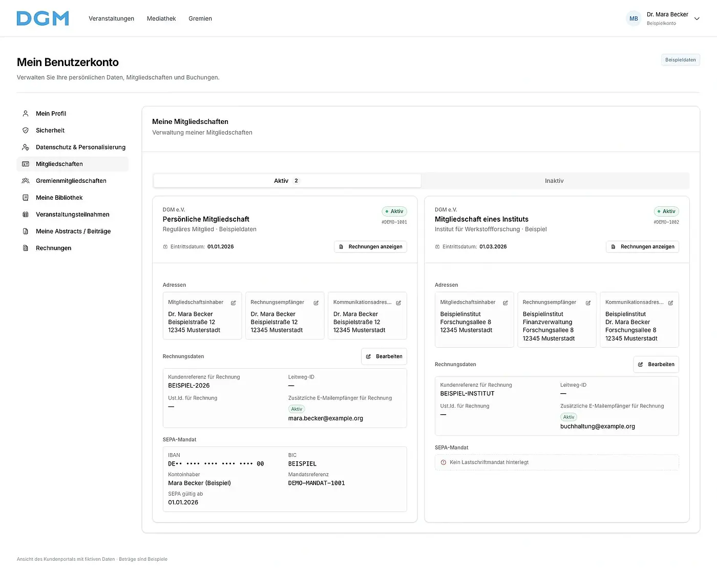 Mitgliedschaften mit Kontaktdaten und Beitragseinstellungen im Kundenportal – fiktive Beispieldaten