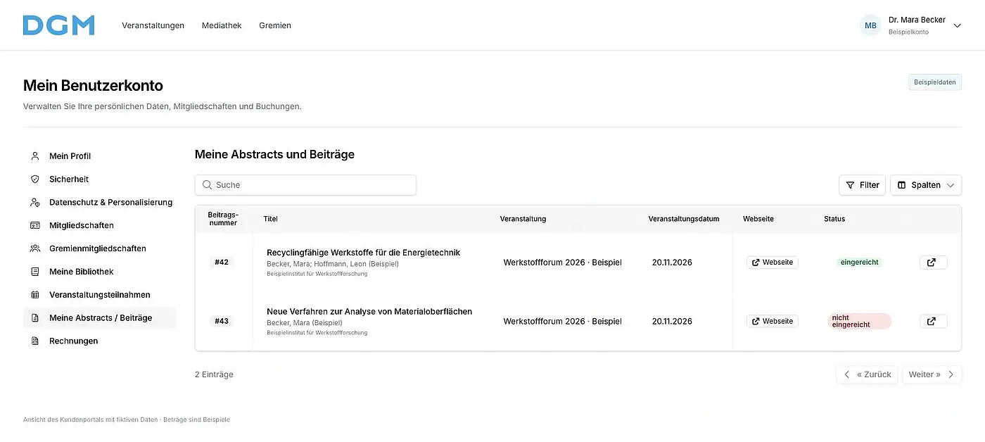 Eigene wissenschaftliche Beiträge mit Autor*innen und Einreichungsstatus – fiktive Beispieldaten