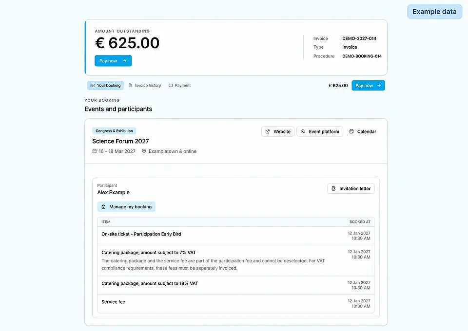 Booking and corresponding invoice in the customer portal, entirely fictional example data