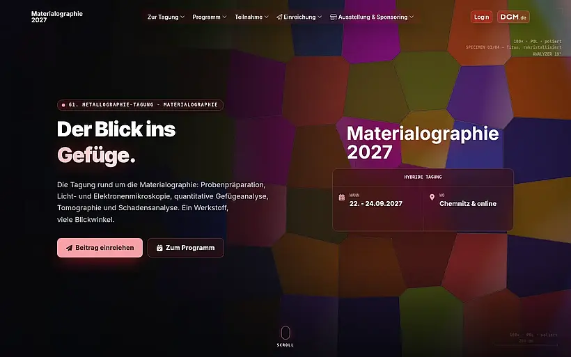 Startseite der Tagungswebseite Materialographie 2027