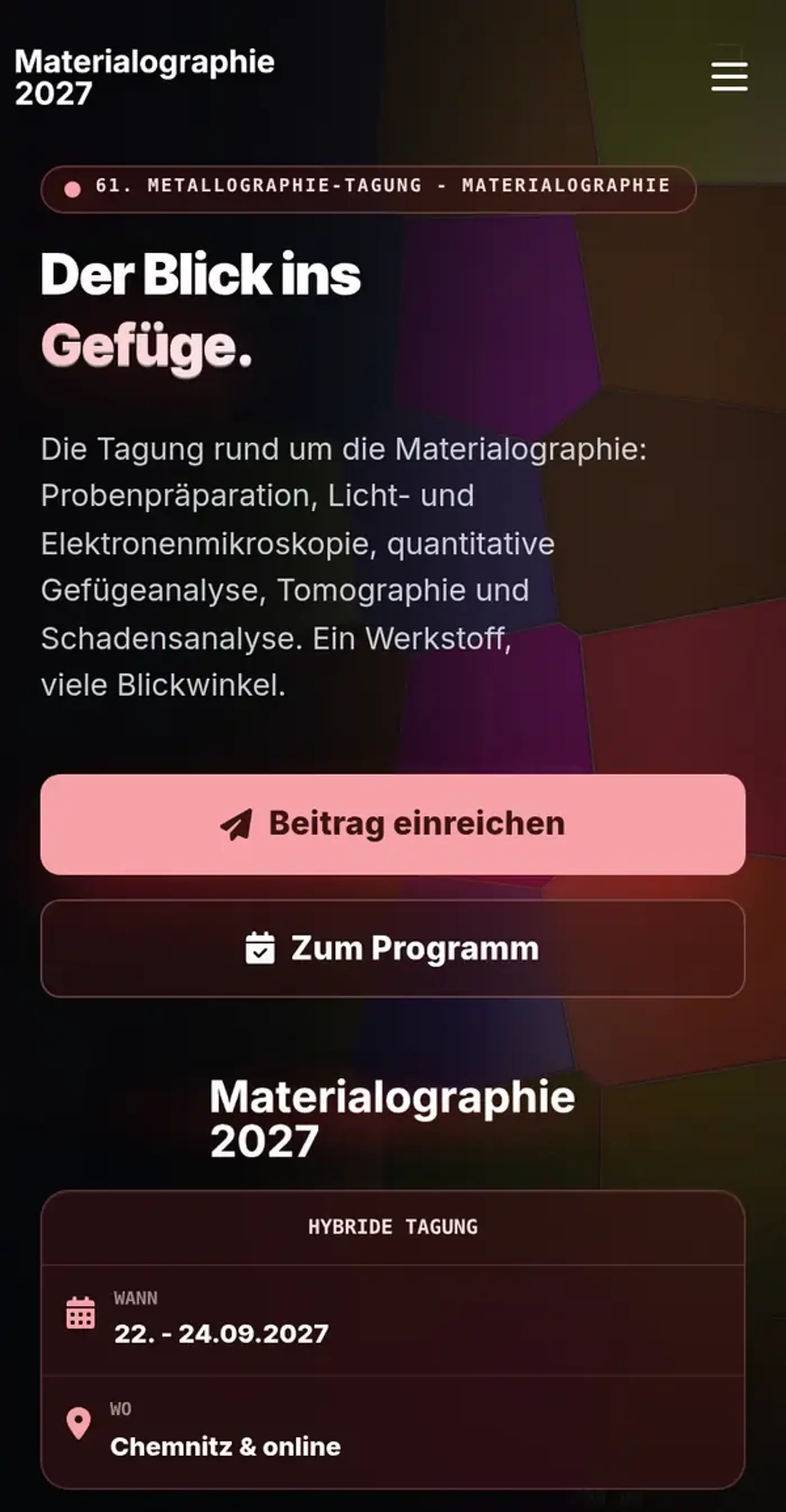 Tagungswebseite Materialographie 2027 auf dem Smartphone
