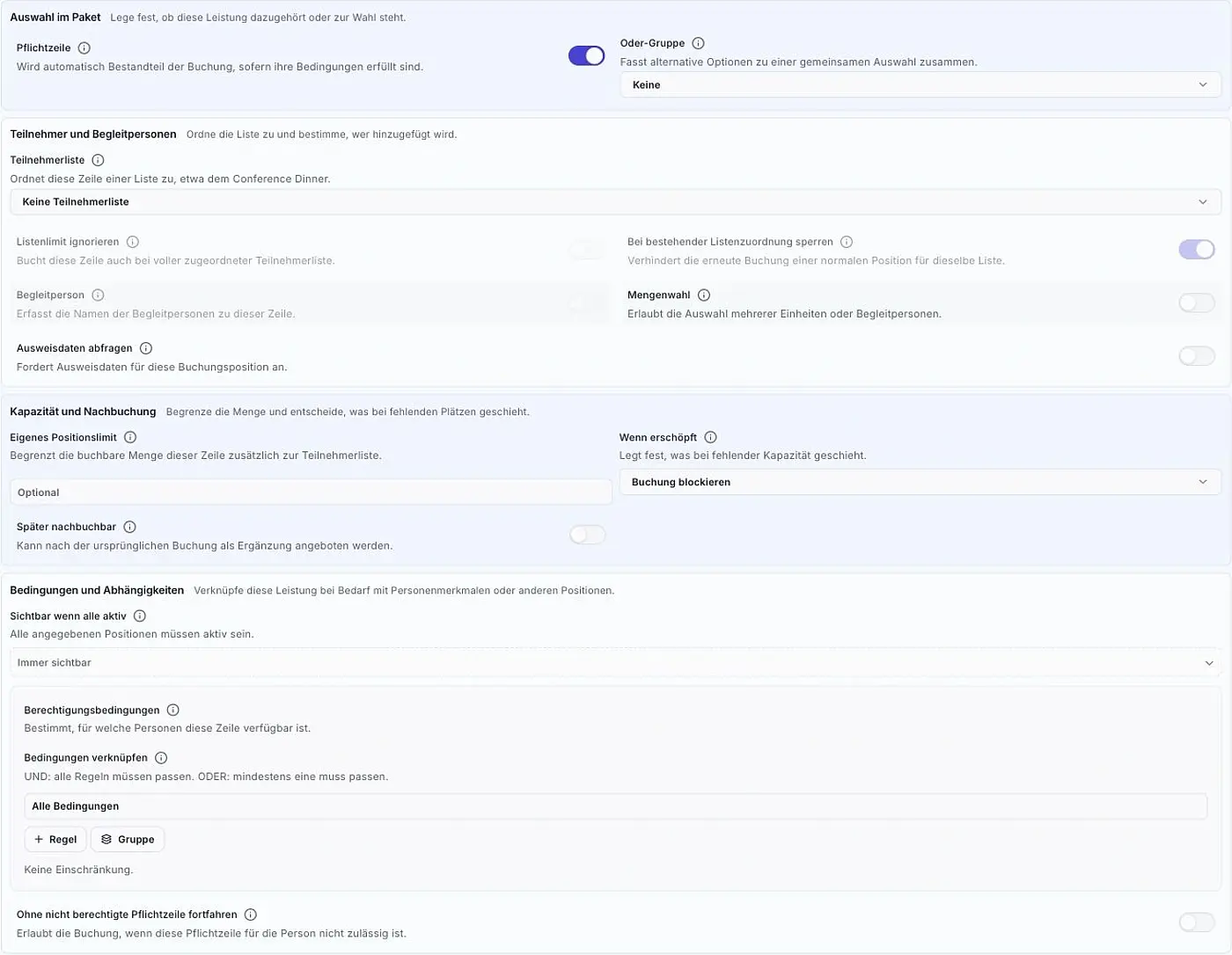 Original package designer view with required items, quantities, guests, capacity and conditional rules