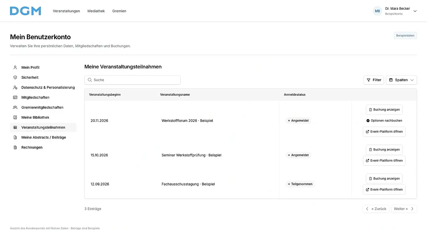 Gebuchte Veranstaltungen mit Details, Zusatzoptionen und Plattformzugang – fiktive Beispieldaten