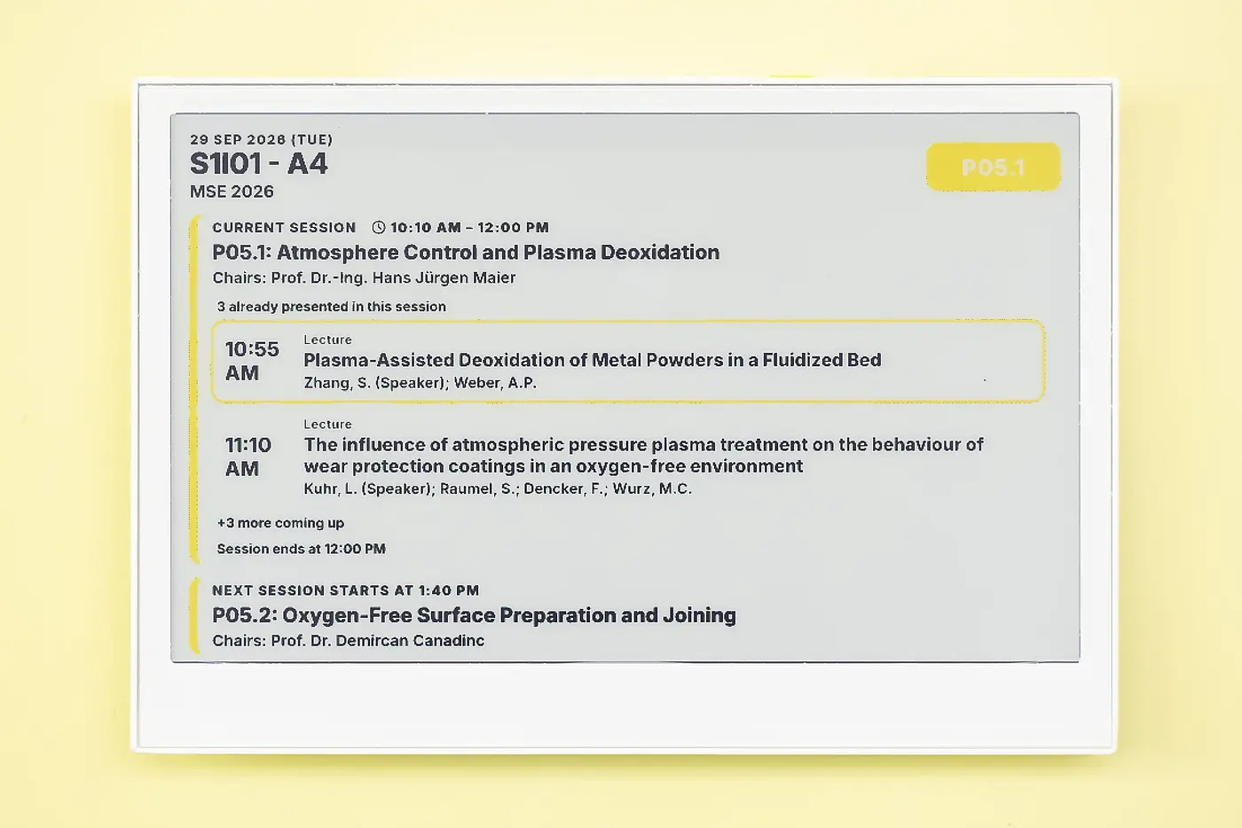 E-paper door display with the room, current session, talks and next session