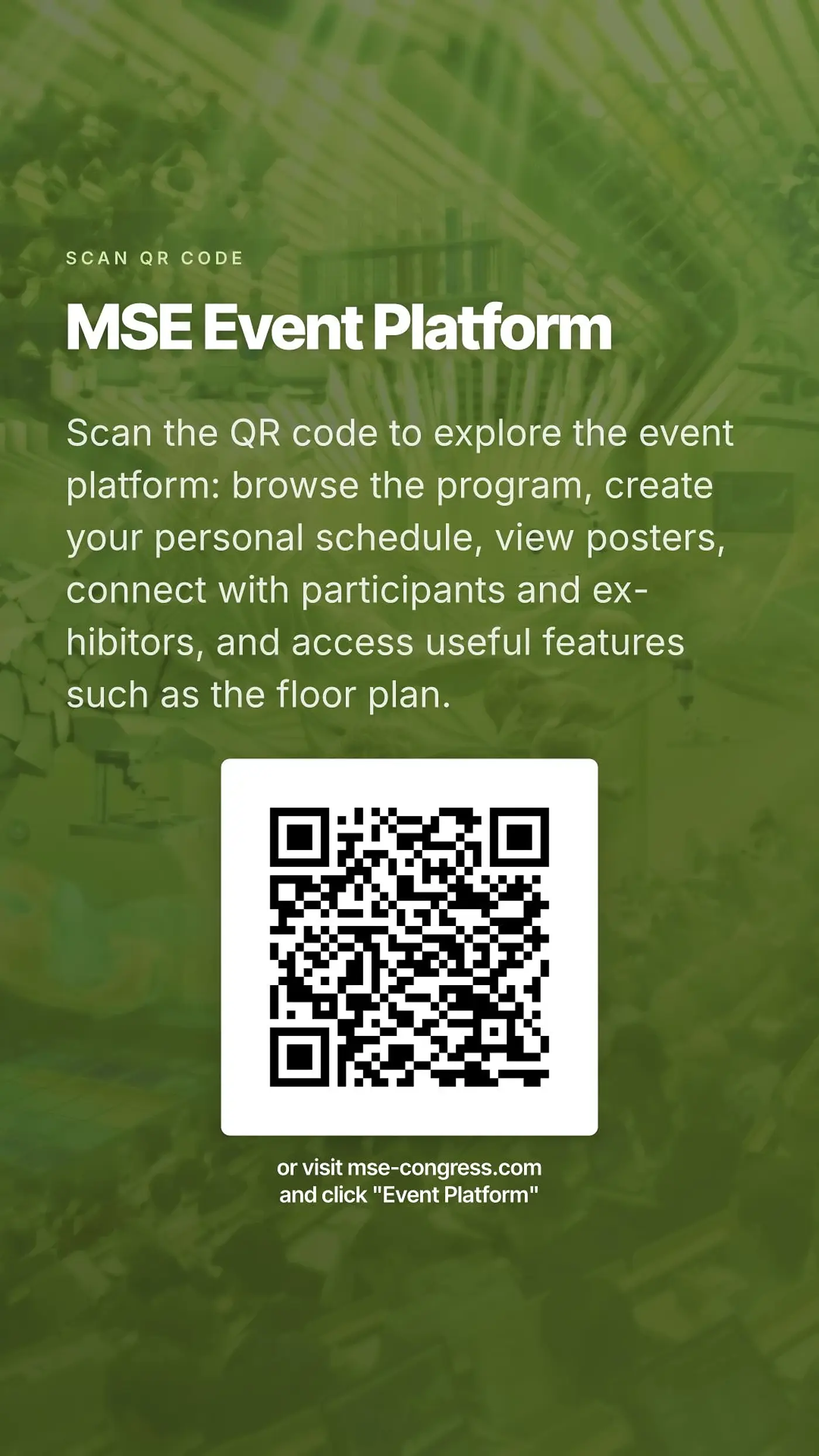The same MSE 2026 slide with the platform QR code in 9:16 portrait format