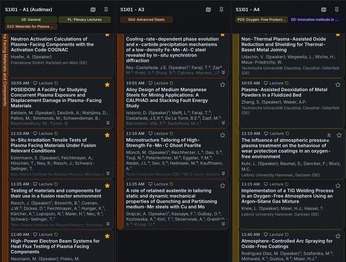 Actual web app: parallel sessions with times, talks and rooms