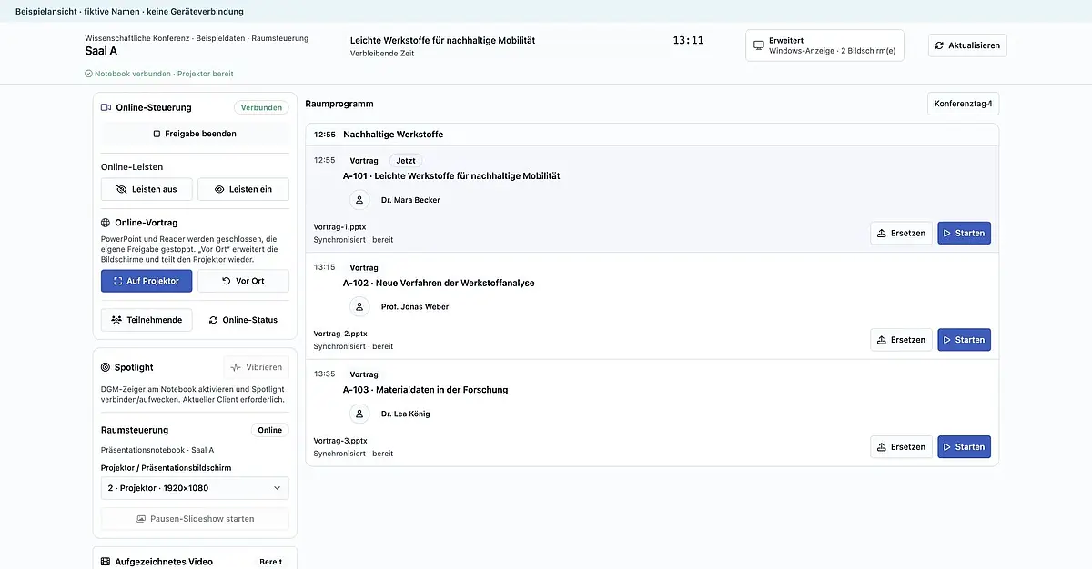 Room control with a fictional program, availability status and presentation start