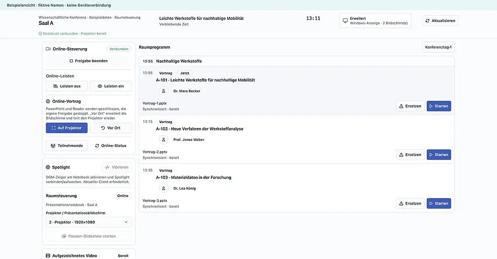 Echte Raumsteuerungsoberfläche mit fiktivem Programm, synchronisierten Präsentationen und Startknöpfen
