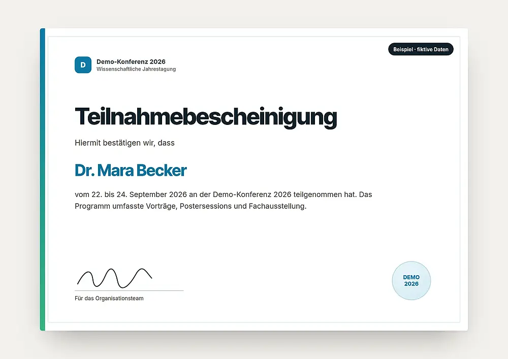 Beispiel einer Teilnahmebescheinigung mit fiktiven Daten