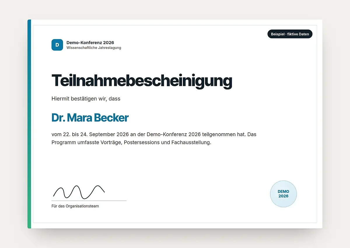 Beispiel einer Teilnahmebescheinigung mit fiktiven Daten