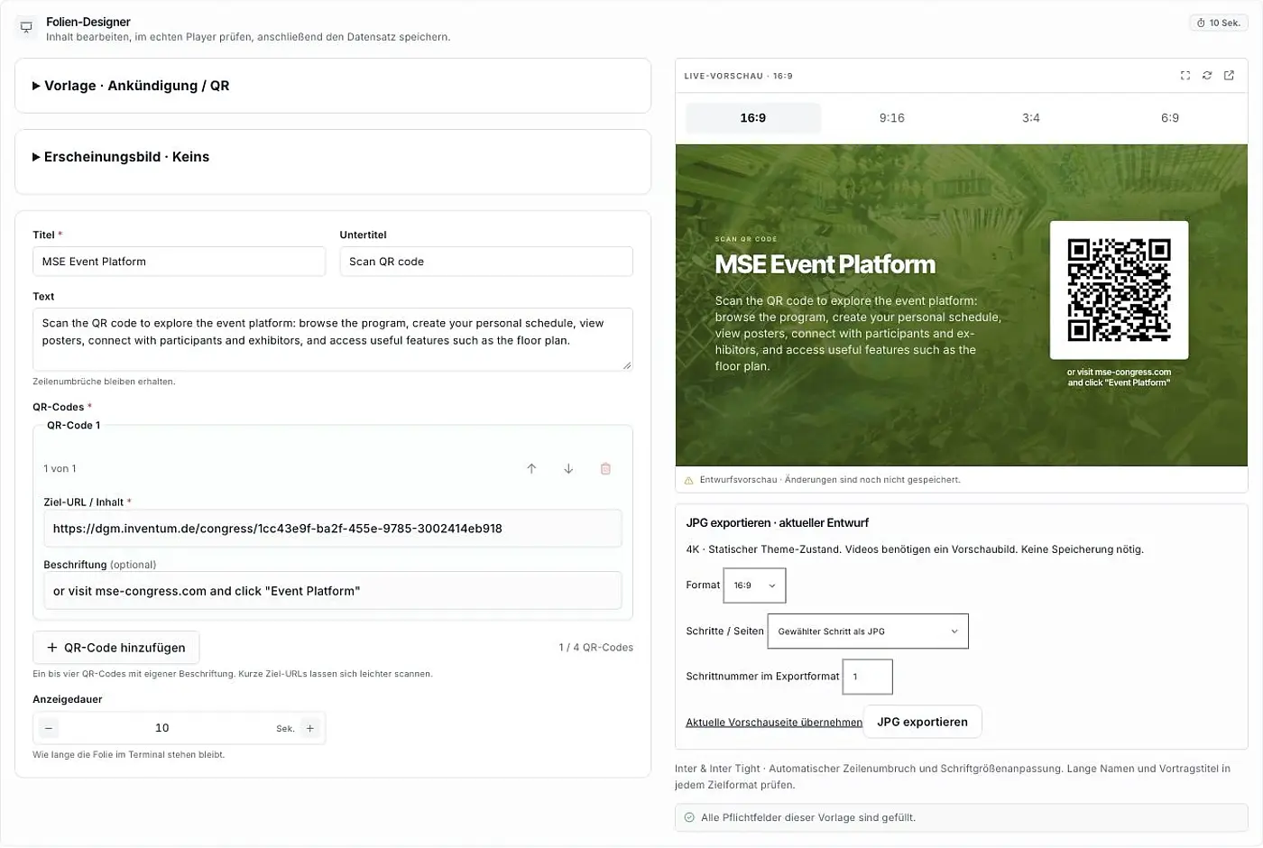 Echter Folien-Designer mit Inhaltsfeldern, Formatvorschau und JPG-Export ohne persönliche Kontodaten