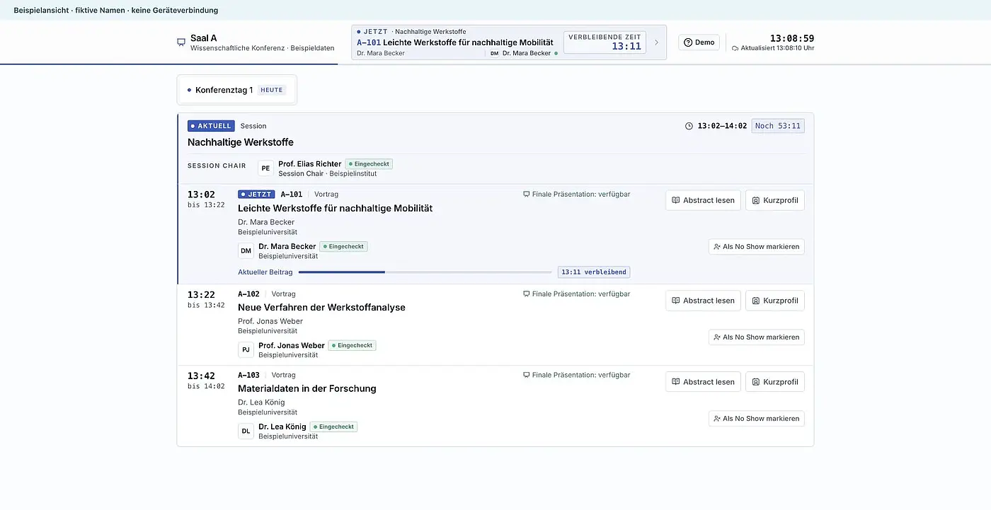 Echtes Session-Chair-Programm mit fiktiven Vortragenden, Zeitübersicht, Abstract und Kurzprofil