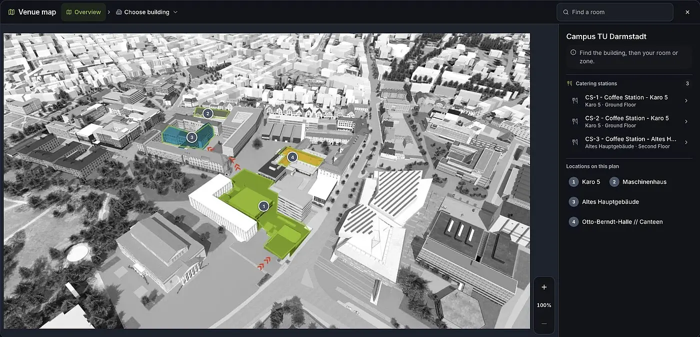 Actual web app: campus overview map with marked buildings
