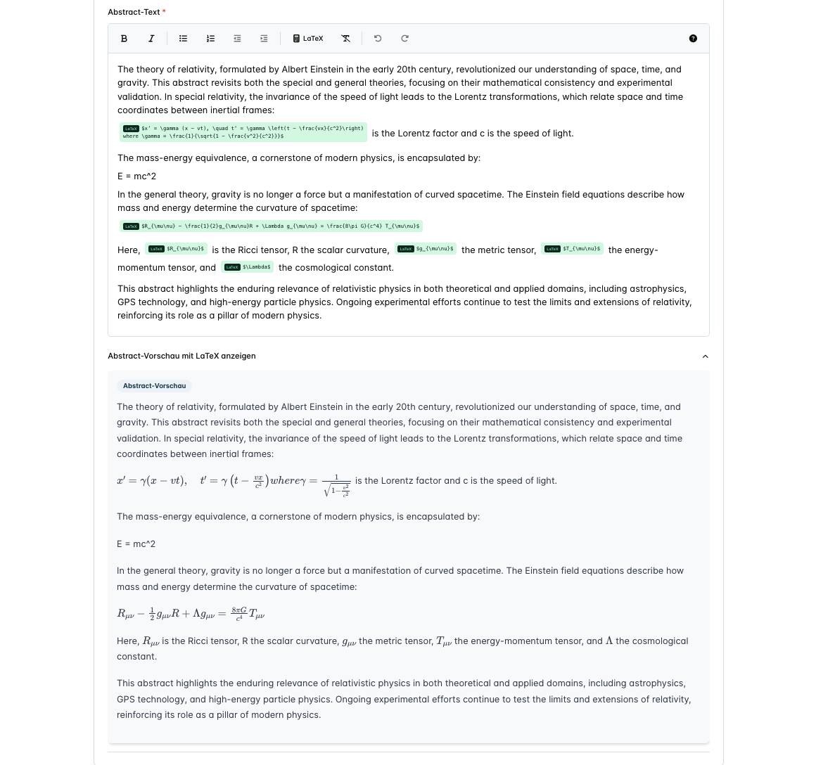 Wissenschaftlicher Abstracteditor mit LaTeX-Unterstützung